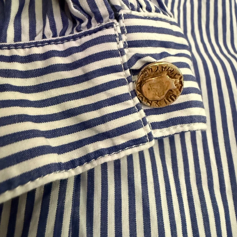Maison Mayle La Feminine Palma Blouse Blue White Striped Ruffle Lace Cotton Sz 6